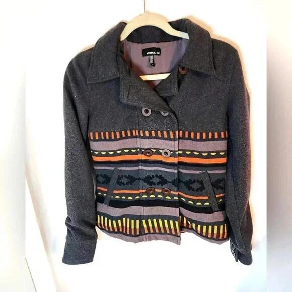 Oneill Jacket Womens Small Gray Orange Aztec Button Hooded - Picture 1 of 9
